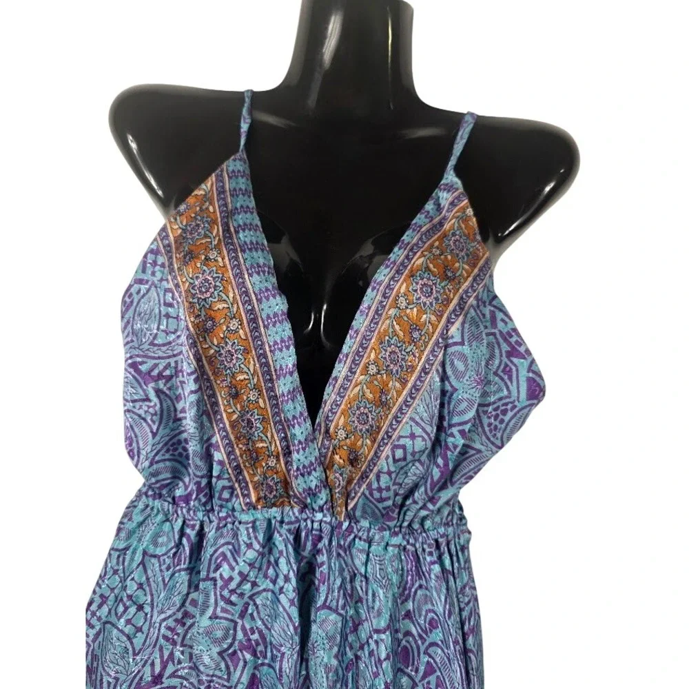 Silk Halter Dress Womens OS Purple Paisley High Low Boho Cottagecore Maxi